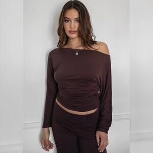 1 LEFT!! THE INBETWEEN BROWN OFF SHOULDER TOP